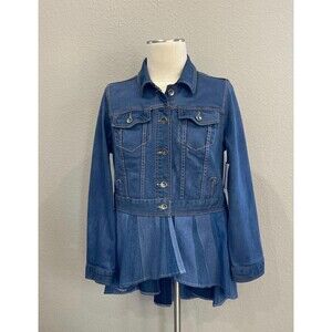 Upcycled blue denim jacket with high low peplum
